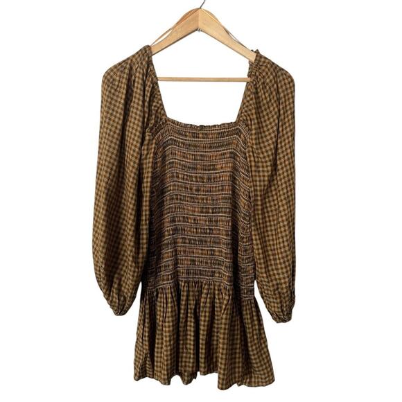 Urban Outfitters Brown Plaid Smocked Balloon Sleeve Tunic Mini Dress Small NWT - Picture 2 of 5